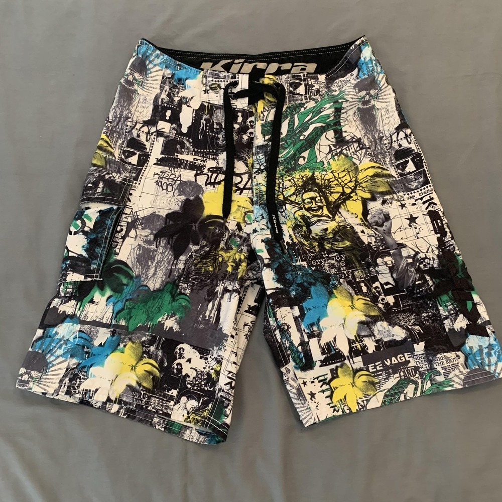 Kirra Board Shorts‎ Mens Large Black Green Yellow Graffiti Graphic Swim Trunks